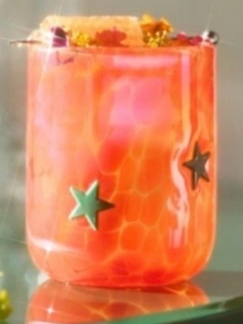 Anthropologie Icon Juice Glass - Green Star w/Vibrant Pink /Orange